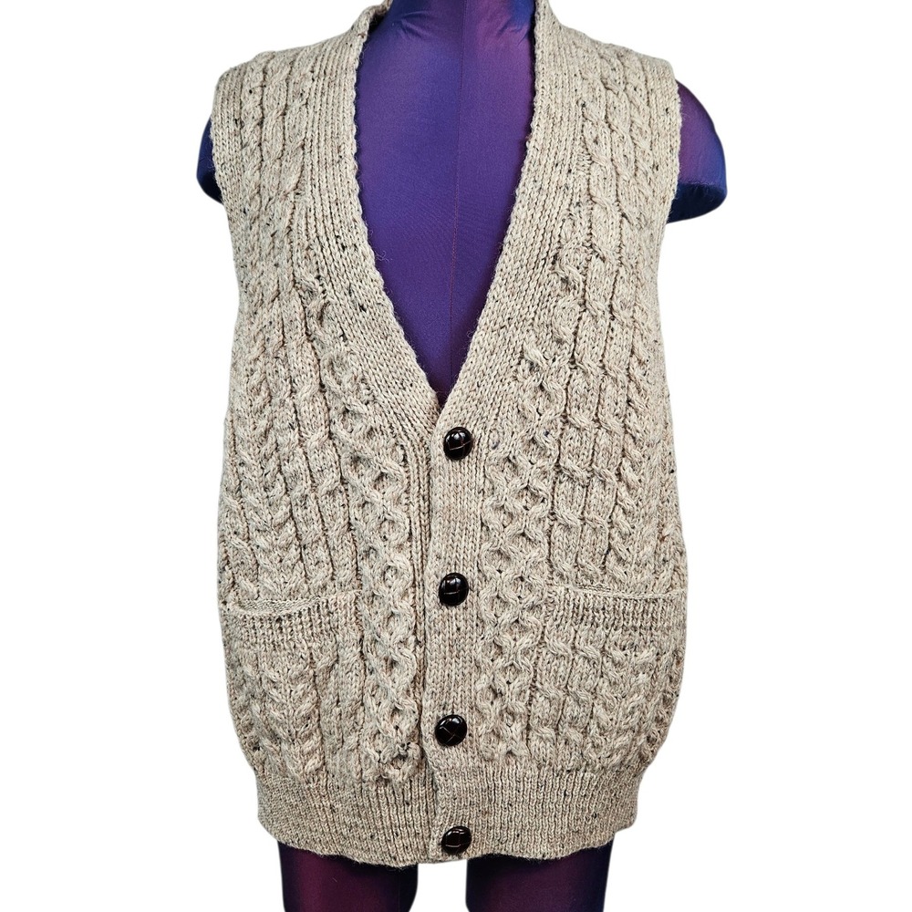 Vintage Carraig Donn Aran Fisherman Flecked Cable Knit Wool Sweater Vest Large - Picture 2 of 9